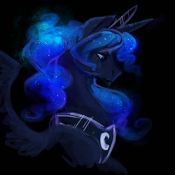 Size: 1280x1280 | Tagged: safe, artist:snickerdoobles, imported from derpibooru, princess luna, alicorn, pony, bust, diadem, ethereal mane, female, mare, peytral, portrait, profile, solo, spread wings, starry mane, wings