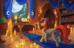 Size: 2048x1347 | Tagged: safe, artist:chillyfish, imported from derpibooru, oc, oc only, pony, unicorn, book, bookshelf, brazier, candle, female, mare, moon, solo, tapestry, window