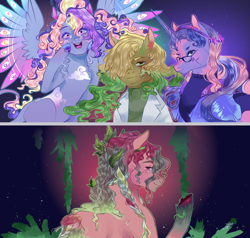 Size: 1200x1144 | Tagged: safe, artist:bunnari, artist:screwballthepirate, imported from derpibooru, oc, oc only, oc:hullaballoo, oc:ivy evergreen, oc:midnight mirror, oc:terrarium terminology, pony, female, magical gay spawn, magical lesbian spawn, male, mare, offspring, parent:derpy hooves, parent:gloriosa daisy, parent:mud briar, parent:pinkie pie, parent:quibble pants, parent:sci-twi, parent:tree hugger, stallion