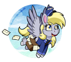 Size: 888x777 | Tagged: safe, artist:inuhoshi-to-darkpen, imported from derpibooru, derpy hooves, pegasus, pony, my little pony: pony life, unboxing day, spoiler:pony life s01e30, cheek fluff, female, flying, g4.5, hoof fluff, letter, mail, mailbag, open mouth, simple background, solo, transparent background