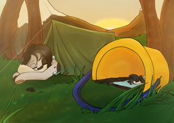 Size: 7016x4961 | Tagged: safe, artist:tenenbris, imported from derpibooru, oc, oc:inkenel, oc:oretha, pony, bucket, cocktail, giant pony, grass, grass field, macro, micro, mountain, rock, size difference, sleeping, sleeping bag, sun, tent, tree