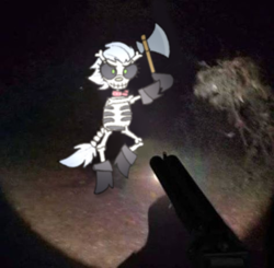 Size: 473x464 | Tagged: source needed, useless source url, safe, artist:sugar morning, imported from derpibooru, skellinore, pony, skeleton pony, the break up breakdown, axe, bone, boots, clothes, female, forest, gun, irl, mare, meme, night, photo, ponified meme, ponified photo, running, shoes, shotgun, skeleton, spoopy, weapon