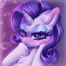 Size: 1280x1280 | Tagged: safe, artist:...macabre..., artist:1alberich1, imported from derpibooru, rarity, pony, unicorn, blushing, bubble, digital painting, ear blush, female, makeup, solo