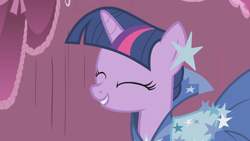 Size: 1920x1080 | Tagged: safe, imported from derpibooru, screencap, twilight sparkle, pony, unicorn, season 1, suited for success, clothes, cute, dress, eyes closed, female, gala dress, giggling, mare, solo, twiabetes, unicorn twilight