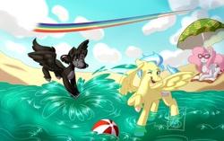 Size: 1024x643 | Tagged: safe, artist:keali, imported from derpibooru, oc, oc:cloudy clutz, oc:dalin, oc:heartstorm, pegasus, beach, beach ball, beach umbrella, implied rainbow dash, rainbow, splashing, sunglasses, water