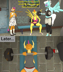 Size: 1920x2160 | Tagged: safe, artist:papadragon69, imported from derpibooru, fleetfoot, smolder, spitfire, anthro, dragon, pegasus, what lies beneath, 2 panel comic, 3d, alternate universe, anthro dragon, barbell, clothes, comic, dress, female, mare, source filmmaker, weights, workout