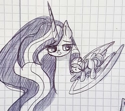 Size: 923x817 | Tagged: safe, artist:galaxy.in.mind, imported from derpibooru, twilight sparkle, oc, oc only, oc:velvet spark, alicorn, pony, unicorn, the last problem, duo, eyes closed, female, graph paper, horn, magical lesbian spawn, mare, mother and child, mother and daughter, offspring, parent:tempest shadow, parent:twilight sparkle, parents:tempestlight, ponies riding ponies, princess twilight 2.0, riding, sleeping, traditional art, twilight sparkle (alicorn), unicorn oc