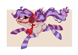 Size: 4093x2894 | Tagged: safe, artist:shore2020, imported from derpibooru, oc, oc only, oc:cinnabyte, earth pony, pony, clothes, female, glasses, headphones, mare, pigtails, socks, solo, striped socks