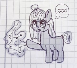 Size: 1049x929 | Tagged: safe, artist:galaxy.in.mind, imported from derpibooru, oc, oc only, oc:velvet spark, pony, constellation, female, filly, glowing horn, graph paper, horn, looking up, magic, magical lesbian spawn, offspring, parent:tempest shadow, parent:twilight sparkle, parents:tempestlight, raised hoof, smiling, solo, telekinesis, traditional art