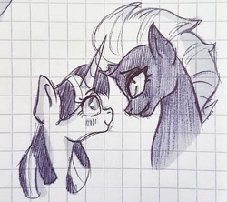 Size: 1040x922 | Tagged: safe, artist:galaxy.in.mind, imported from derpibooru, tempest shadow, twilight sparkle, pony, unicorn, blushing, broken horn, female, graph paper, horn, lesbian, looking at each other, mare, shipping, smiling, tempestlight, traditional art, unicorn twilight