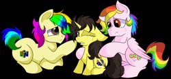 Size: 1250x575 | Tagged: safe, artist:rainbowtashie, imported from derpibooru, oc, oc only, oc:candy clumsy, oc:rainbow tashie, oc:tommy the human, alicorn, earth pony, pegasus, pony, black background, comforting, commissioner:bigonionbean, crying, cutie mark, female, filly, hug, male, nintendo 64, rule 63, sad, simple background, stallion, tears of pain, writer:bigonionbean