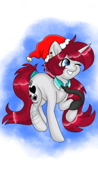 Size: 1080x1920 | Tagged: safe, artist:silentwolf-oficial, imported from derpibooru, oc, oc only, pony, unicorn, christmas, ear piercing, hat, holiday, horn, necktie, one eye closed, piercing, raised hoof, santa hat, simple background, solo, transparent background, unicorn oc, wink