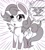 Size: 1280x1412 | Tagged: safe, artist:rainbowtashie, imported from derpibooru, carrot top, golden harvest, oc, oc only, oc:clumsy carrot, earth pony, pegasus, pony, adorable face, anime style, black and white, chibi, commissioner:bigonionbean, cute, cutie mark, dialogue, female, fusion, fusion:carrot top, fusion:clumsy carrot, fusion:derpy hooves, fusion:golden harvest, grayscale, mare, monochrome, solo, writer:bigonionbean