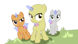 Size: 1920x1080 | Tagged: safe, artist:intfighter, imported from derpibooru, oc, oc only, alicorn, pony, alicorn oc, bald, base, eyelashes, female, filly, frown, group, horn, raised hoof, simple background, smiling, smirk, transparent background, trio, wings