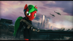 Size: 2920x1642 | Tagged: safe, artist:mister-karter, imported from derpibooru, oc, oc only, oc:clockwork device, pony, 3d, armor, car, city, clothes, crossover, escape from tarkov, gun, helicopter, mi-24, mi-24 hind, scar-h, solo, source filmmaker, tactical squad, weapon