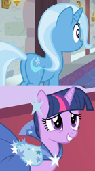 Size: 500x892 | Tagged: safe, edit, edited screencap, imported from derpibooru, screencap, trixie, twilight sparkle, a horse shoe-in, the best night ever, butt, eyes on the prize, female, lesbian, plot, shipping, shipping domino, the great and powerful ass, twixie