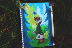 Size: 1280x853 | Tagged: artist needed, safe, imported from derpibooru, oc, oc only, oc:kova, butterfly, earth pony, pony, bush, crepuscular rays, day, earth pony oc, flower, forest, grass, looking up, mushroom, pinecone, sitting, solo, traditional art, tree