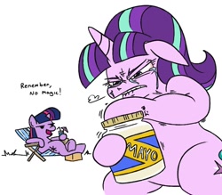 Size: 1026x899 | Tagged: safe, artist:jargon scott, imported from derpibooru, starlight glimmer, twilight sparkle, pony, unicorn, beach chair, bipedal, chair, crying, dialogue, duo, duo female, female, floppy ears, food, gritted teeth, hoof hold, lawn chair, mare, mayonnaise, s5 starlight, sauce, simple background, snorting, struggling, tears of pain, white background