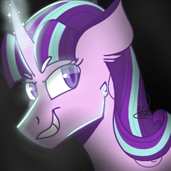 Size: 768x768 | Tagged: safe, artist:valkiria, derpibooru exclusive, imported from derpibooru, starlight glimmer, unicorn, black background, glowing eyes, glowing horn, horn, magic, simple background