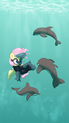 Size: 2375x4205 | Tagged: safe, artist:vultraz, imported from derpibooru, part of a set, fluttershy, dolphin, pegasus, pony, /mlp/, dive mask, diving, diving goggles, drawthread, female, flippers, flippers (gear), rebreather, requested art, scuba, scuba diving, scuba gear, solo, swimming, underwater, watershy, wetsuit