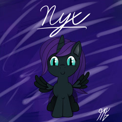 Size: 1920x1920 | Tagged: artist needed, safe, artist:matyas451, imported from derpibooru, oc, oc only, oc:nyx, alicorn, pony, fanfic:past sins, alicorn oc, female, filly, foal, horn, looking at you, nightmare eyes, sitting, smiley face, smiling, smiling at you, solo, spread wings, wings