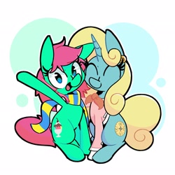 Size: 2048x2048 | Tagged: safe, artist:kindakismet, imported from derpibooru, oc, oc only, oc:minty split, oc:seafoam breeze, earth pony, pony, unicorn, ascot, clothes, duo, female, mare, mother and child, mother and daughter, scarf, shirt, simple background, smiling, waving