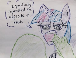 Size: 1125x861 | Tagged: safe, anonymous artist, imported from derpibooru, twilight sparkle, oc, oc:anon, human, unicorn, /mlp/, 4chan, collar, crayon drawing, dad joke, drawthread, funny, gift horse, haha funny, open mouth, pun, requested art, silly, silly anon, traditional art, twilight snakle, unicorn twilight, visual pun