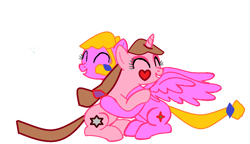 Size: 1248x720 | Tagged: safe, artist:aquilles_da_amizade, imported from derpibooru, oc, oc:magic sky, oc:star of heart, pegasus, unicorn, female, hug, mare, simple background, smiling, white background