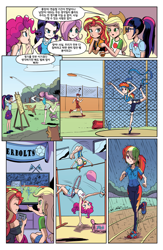 Size: 1988x3056 | Tagged: safe, artist:pencils, color edit, edit, editor:michaelsety, idw, imported from derpibooru, applejack, fluttershy, pinkie pie, rainbow dash, rarity, sci-twi, sunset shimmer, twilight sparkle, equestria girls, spoiler:comicequestriagirlsmarchradness, belly button, clothes, colored, female, human coloration, humane five, humane seven, humane six, korean, leotard, light skin, light skin edit, midriff, page, sports, sports bra, tanktop