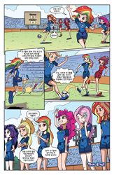 Size: 1988x3056 | Tagged: safe, artist:pencils, color edit, edit, editor:michaelsety, idw, imported from derpibooru, applejack, auburn radiance, fluttershy, pinkie pie, rainbow dash, rarity, sunset shimmer, equestria girls, spoiler:comicequestriagirlsmarchradness, colored, female, human coloration, korean, light skin, light skin edit, page, sports