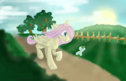 Size: 700x450 | Tagged: safe, artist:hunterbookie, imported from derpibooru, fluttershy, butterfly, pegasus, pony, female, solo, sun, tree, walking