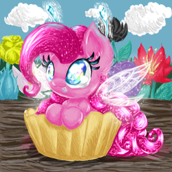 Size: 512x512 | Tagged: safe, artist:dragolina01, imported from derpibooru, pinkie pie, earth pony, pony, butterfly wings, cloud, cupcake, eyelashes, female, flower, food, mare, micro, smiling, solo, wings