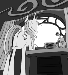 Size: 735x808 | Tagged: safe, artist:gyl367, edit, imported from derpibooru, twilight sparkle, pony, unicorn, book, colored, female, flat colors, flower, looking out the window, mare, monochrome, rose, solo, sunset shimmer's cutie mark, unicorn twilight, vase, window