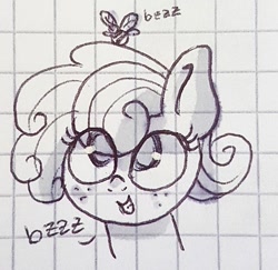 Size: 690x670 | Tagged: safe, artist:galaxy.in.mind, imported from derpibooru, oc, oc only, oc:honey glaze, bee, earth pony, insect, pony, bust, earth pony oc, eyelashes, female, freckles, graph paper, grin, lineart, looking up, magical lesbian spawn, mare, offspring, onomatopoeia, parent:applejack, parent:rarity, parents:rarijack, smiling, solo, traditional art