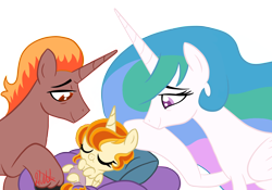 Size: 2400x1676 | Tagged: safe, artist:chelseawest, imported from derpibooru, princess celestia, oc, oc:sol, oc:solar eclipse, alicorn, pony, unicorn, baby, baby pony, male, offspring, parent:oc:solar eclipse, parent:princess celestia, parents:canon x oc, petalverse, simple background, stallion, transparent background