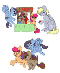 Size: 750x921 | Tagged: safe, artist:celestial-rainstorm, imported from derpibooru, derpy hooves, oc, oc:pippin, oc:pixel stream, oc:proud skies, earth pony, pegasus, pony, colt, female, filly, lemonade stand, male, offspring, parent:apple bloom, parent:button mash, parent:rumble, parent:scootaloo, parent:sweetie belle, parent:tender taps, parents:rumbloo, parents:sweetiemash, parents:tenderbloom, running, simple background, white background