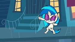 Size: 1920x1080 | Tagged: safe, imported from derpibooru, screencap, dj pon-3, vinyl scratch, pony, unicorn, my little pony: pony life, whoof-dunnit, spoiler:pony life s01e37, bean mouth, bipedal, female, g4.5, mare, smiling, solo