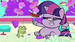 Size: 1920x1080 | Tagged: safe, imported from derpibooru, screencap, gummy, twilight sparkle, alicorn, alligator, pony, my little pony: pony life, pie vs. pie, spoiler:pony life s01e39, bean mouth, chubby cheeks, cupcake, dough-cup-pop, fat, feeding, fetish fuel, food, g4.5, twilard sparkle, twilight sparkle (alicorn)