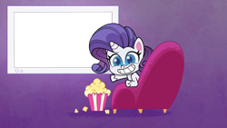 Size: 1920x1080 | Tagged: safe, edit, edited screencap, imported from derpibooru, screencap, rarity, pony, unicorn, my little pony: pony life, the debut taunt, spoiler:pony life s01e41, bean mouth, chair, female, food, g4.5, popcorn, smiling, solo, template