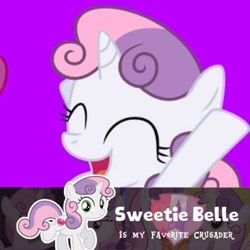 Size: 503x503 | Tagged: safe, imported from derpibooru, sweetie belle, pony, unicorn, :d, caption, cutie mark, female, needs more jpeg, solo, the cmc's cutie marks