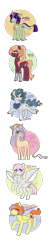 Size: 1112x5386 | Tagged: safe, artist:itsjustquince, imported from derpibooru, oc, oc only, oc:appleblitz, oc:morning glory, oc:soirée, oc:sucker punch, oc:tough cookie, oc:whimsy wander, dracony, earth pony, hybrid, pegasus, pony, unicorn, bandaid on nose, bandana, blushing, cloven hooves, curved horn, eyebrows, eyebrows visible through hair, female, freckles, hoof wraps, horn, horn jewelry, interspecies offspring, jewelry, leg wraps, leonine tail, magical lesbian spawn, male, mare, necklace, next generation, offspring, parent:applejack, parent:big macintosh, parent:braeburn, parent:bulk biceps, parent:cheerilee, parent:fluttershy, parent:pinkie pie, parent:pokey pierce, parent:rainbow dash, parent:rarity, parent:spike, parent:twilight sparkle, parents:braedash, parents:cheerimac, parents:flutterbulk, parents:pokeypie, parents:rarijack, parents:twispike, rearing, sideburns, simple background, stallion, straw in mouth, transparent background, unshorn fetlocks