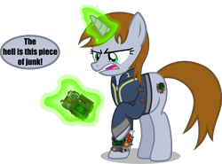 Size: 4089x3019 | Tagged: safe, artist:vector-brony, imported from derpibooru, oc, oc only, oc:littlepip, pony, unicorn, fallout equestria, clothes, dialogue, disgusted, fallout, fallout 2, fallout 76, fanfic, fanfic art, female, glowing horn, hooves, horn, jumpsuit, levitation, magic, mare, open mouth, pip-boy 2000 mark vi, pipboy, pipbuck, raised hoof, simple background, solo, speech bubble, telekinesis, transparent background, vault suit, vector