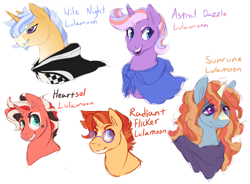 Size: 2629x1938 | Tagged: safe, artist:amiookamiwolf, imported from derpibooru, oc, oc:astral dazzle, oc:heart sol, oc:radiant flicker, oc:sun rune, oc:wile night, pony, unicorn, magical lesbian spawn, offspring, parent:starlight glimmer, parent:sunburst, parent:trixie, parents:starburst, parents:startrix, parents:trixburst