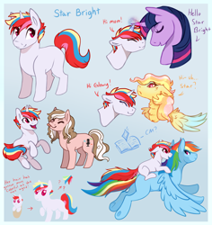 Size: 2500x2652 | Tagged: safe, artist:amiookamiwolf, imported from derpibooru, rainbow dash, twilight sparkle, oc, oc:accordion, oc:morning glow, oc:star bright, earth pony, pegasus, pony, unicorn, female, filly, flying, magical lesbian spawn, offspring, parent:cheese sandwich, parent:pinkie pie, parent:rainbow dash, parent:spitfire, parent:twilight sparkle, parent:vapor trail, parents:cheesepie, parents:twidash