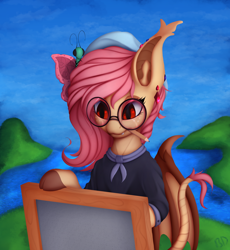 Size: 1888x2048 | Tagged: safe, artist:batsdisaster, imported from derpibooru, fluttershy, bat pony, butterfly, pegasus, pony, vampire, vampony, alternate hairstyle, bat ears, bat ponified, bat wings, beret, bipedal, clothes, colored hooves, cute, easel, female, flutterbat, glasses, hat, jewelry, leonine tail, looking at something, mare, mouth hold, painter, pen, pencil, piercing, race swap, red eyes, round glasses, shyabetes, solo, wings