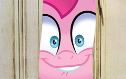 Size: 1280x800 | Tagged: safe, imported from derpibooru, pinkie pie, earth pony, pony, cakes for the memories, spoiler:cakes for the memories, spoiler:mlp friendship is forever, adoracreepy, creepy, cute, faic, female, here's johnny, lip bite, looking at you, mare, rapeface, smiling, solo, staring into your soul, the shining, vector, wide eyes