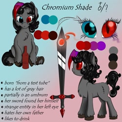 Size: 1280x1280 | Tagged: safe, artist:daisyminttea, imported from derpibooru, oc, oc only, oc:chromium shade, hybrid, pony, umbrum, bottle, eye, eyes, female, hybrid oc, mare, reference, reference sheet, simple background, sword, text, weapon