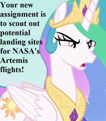 Size: 630x720 | Tagged: safe, edit, edited screencap, imported from derpibooru, screencap, princess celestia, alicorn, pony, the ending of the end, angry, artemis project, cropped, crown, female, jewelry, mare, nasa, peytral, reaction image, reaction image with an expiration date, regalia, solo, this will end in a trip to the moon