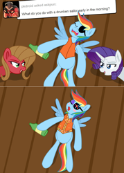 Size: 1076x1502 | Tagged: safe, artist:ladyanidraws, imported from derpibooru, rainbow dash, rarity, oc, oc:pun, pony, ask pun, ask, makeup, pirate dash, prank, rainbow dash always dresses in style, sleeping