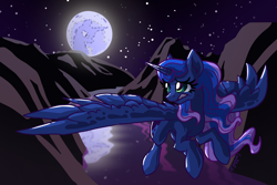 Size: 2400x1600 | Tagged: safe, artist:tuppkam1, imported from derpibooru, princess luna, alicorn, pony, female, flying, full moon, mare, mare in the moon, moon, night, solo, stars